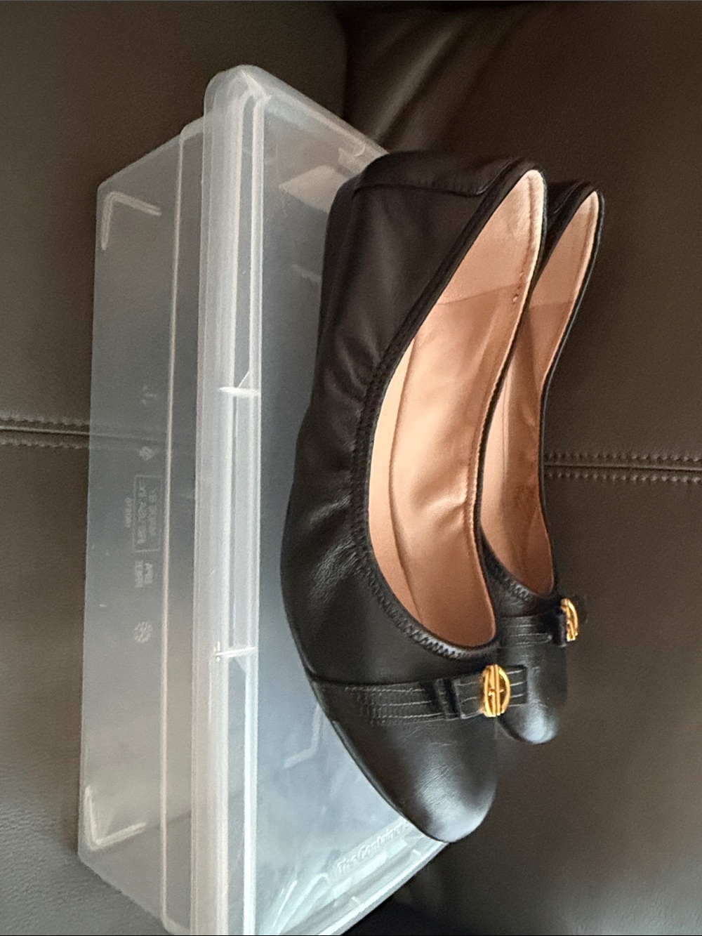Cole Haan Black Leather Ballet Flats with Gold Double-H Logo - Picture 3 of 10